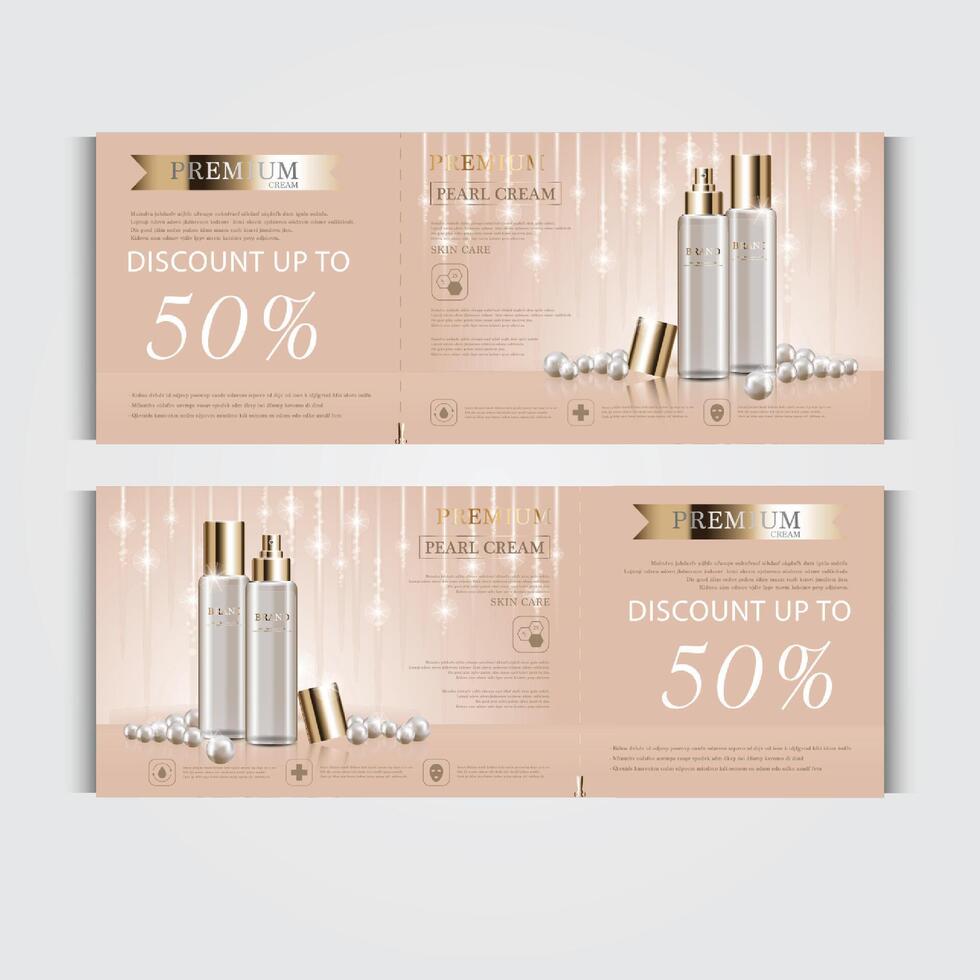 Gift voucher hydrating facial cream for annual sale or festival sale. gold cream mask bottle isolated on glitter particles background. Banner graceful cosmetic ads, illustration. vector