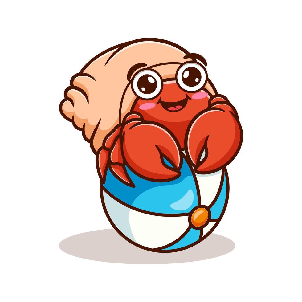 cartoon illustration design of a cute and kawaii hermit crab sitting on a beach ball vector