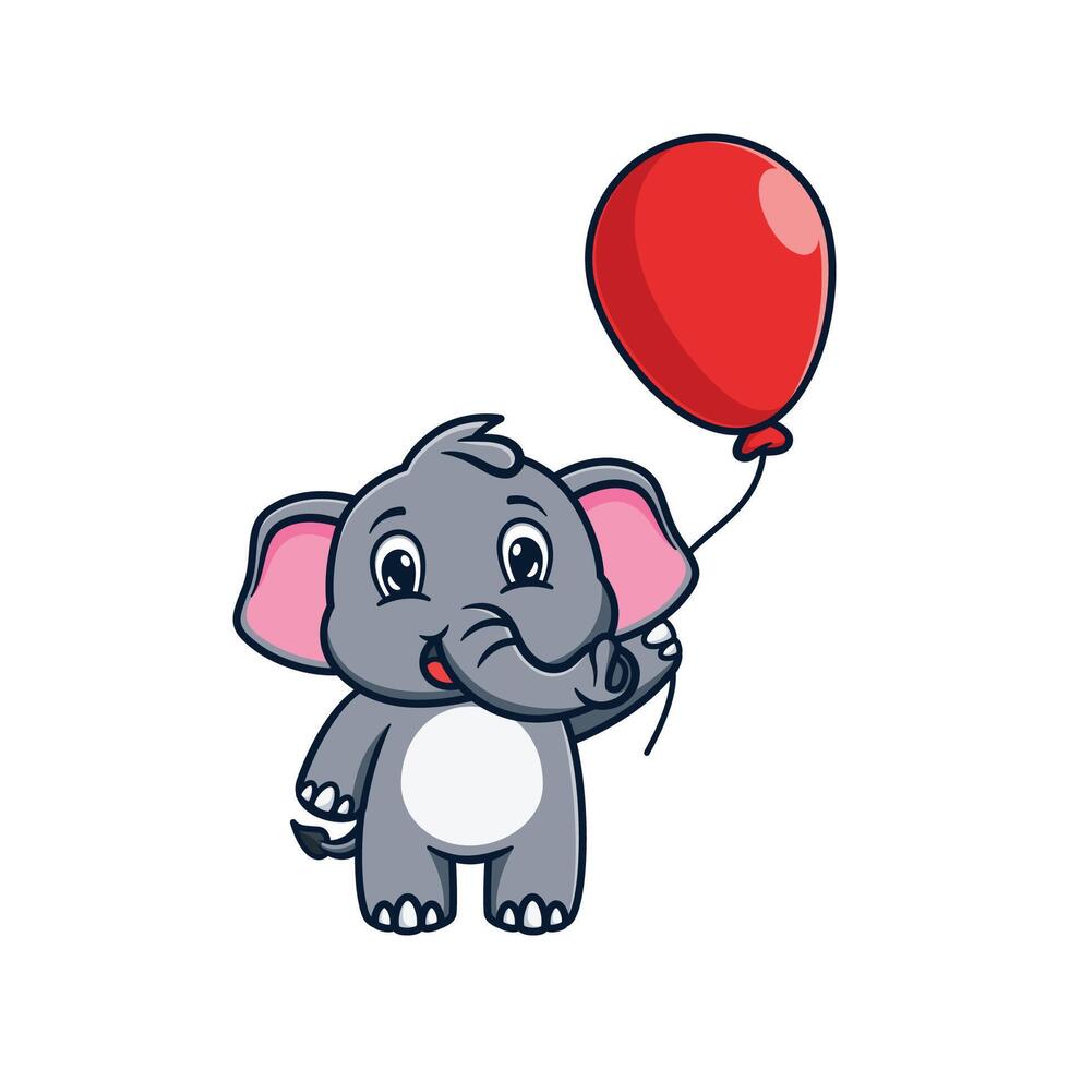Cartoon illustration design of a cute and kawaii elephant holding a red balloon vector