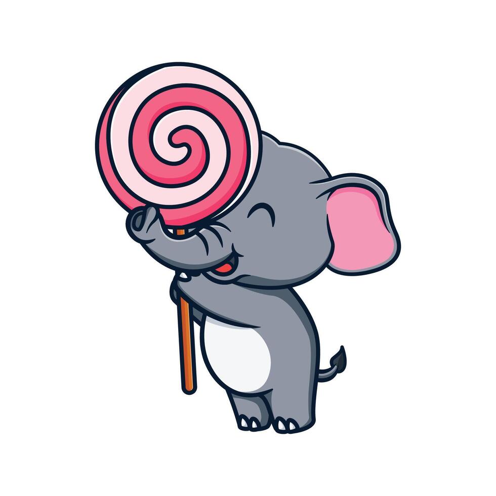 Cartoon illustration design of a cute and kawaii elephant eating a lollipop vector