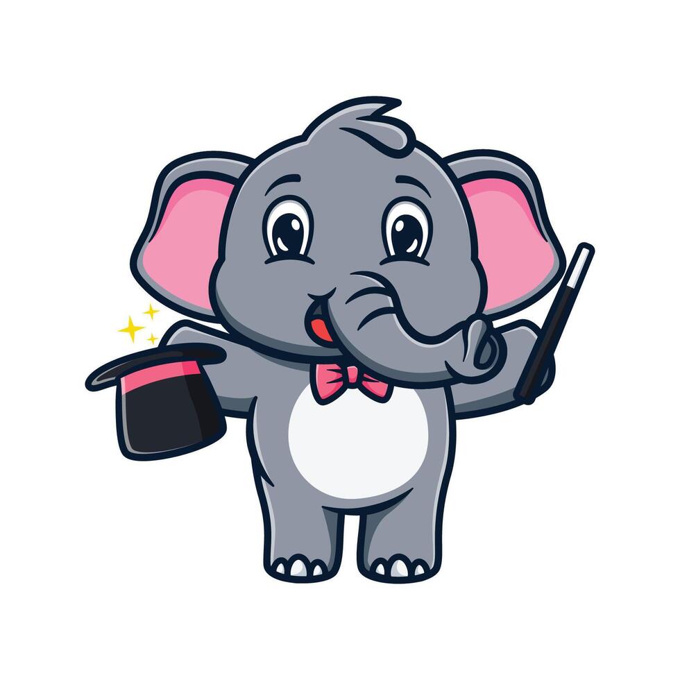 cartoon illustration design of a cute and kawaii elephant playing magic vector