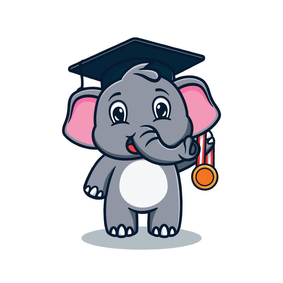 Cartoon illustration design of a cute and kawaii graduation elephant holding a medal vector