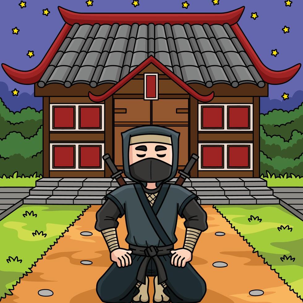 Ninja In Front of a Ninja House Colored Cartoon vector