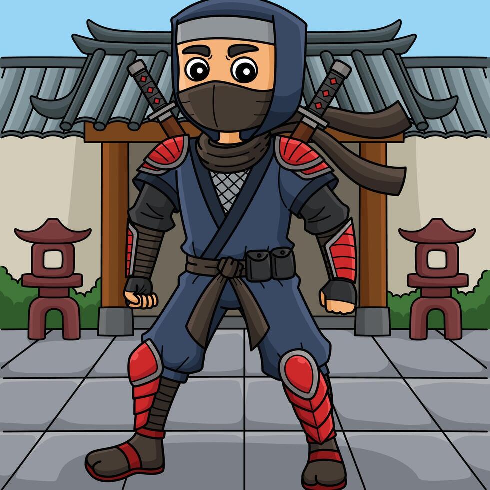 Ninja with Armor Colored Cartoon Illustration vector