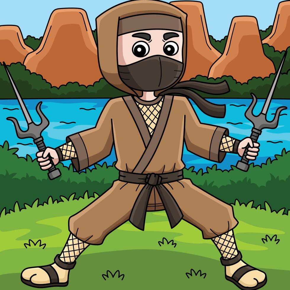 Ninja Holding a Twin Sai Colored Cartoon I vector