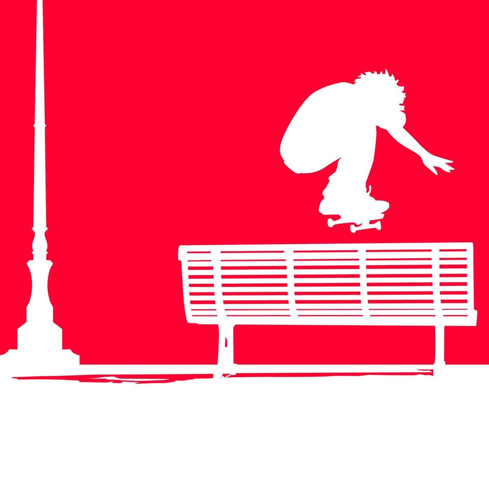 High details of skate board silhouette. Sport silhouettes. Fit for element design, background, banner, backdrop, cover, logotype. Isolated on red background. Eps 10 vector