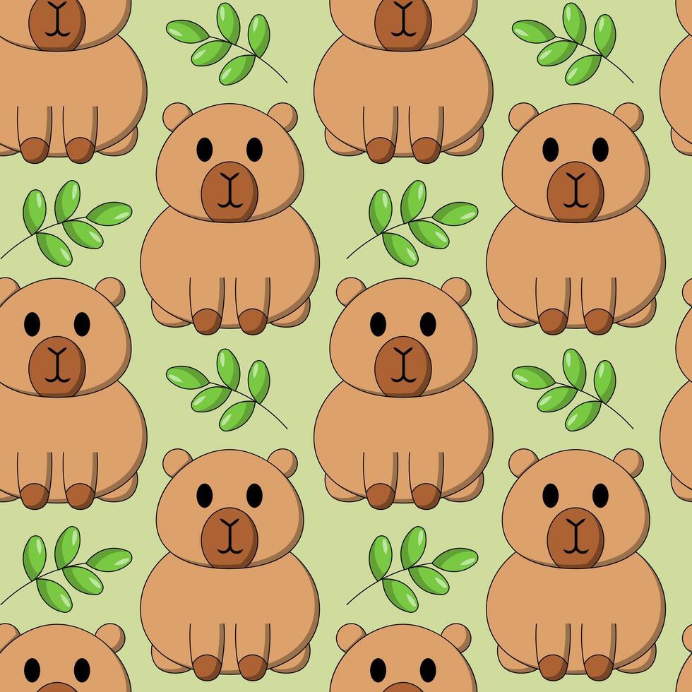 Seamless pattern with Cute cartoon Capybara and leaf vector