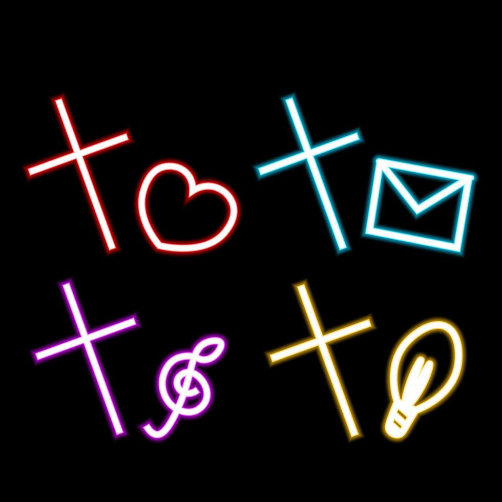 Set Christian icon Cross with different elements in line in neon effect vector