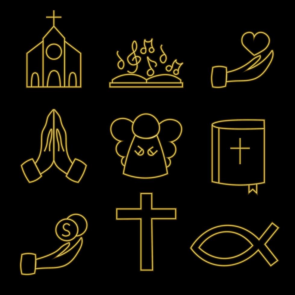 Set Christian Icons in line in neon effect vector
