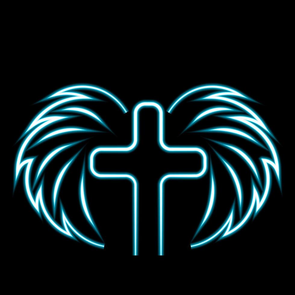 Christian icon Cross and Wings in linear in neon effect vector