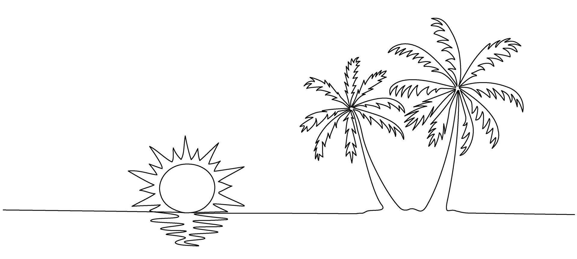 Palm trees on an island with rising sun over the sea , continuous editable single line drawing. Summer vacation concept, vacation by the sea. illustration vector