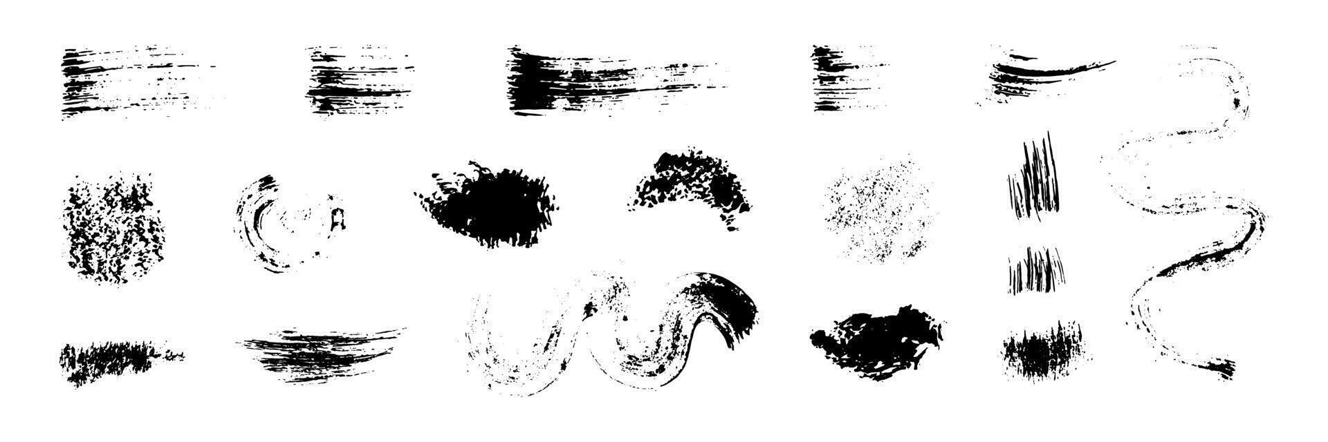 Black brush strokes set. Dry paintbrush scratches, grunge dirty charcoal texture elements. illustration isolated on transparent background vector