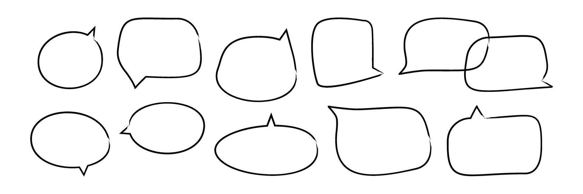 Hand drawn sketch speech bubbles set. Irregular shapes, grunge brush strokes. Line illustration isolated on transparent background vector