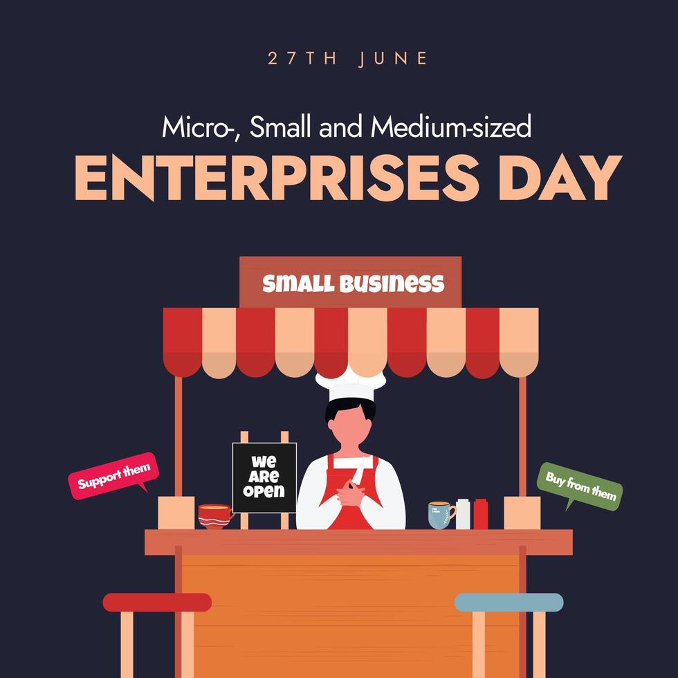 Micro, Small and Medium sized enterprises day. 27th June MSME day banner, social media post with a small coffee cart, speech bubbles support them, buy from them. vector