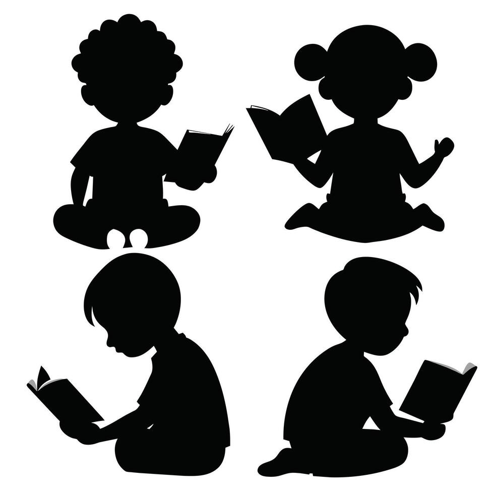 Set of child Reads a book silhouette on white background vector