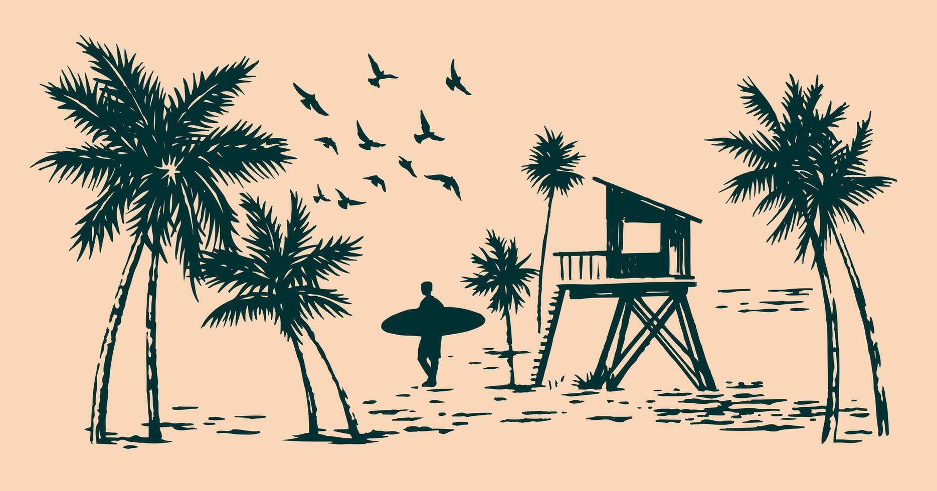 Hand-drawn illustration of a beach landscape with a surfer silhouette, coconut trees and a lifeguard station. vector