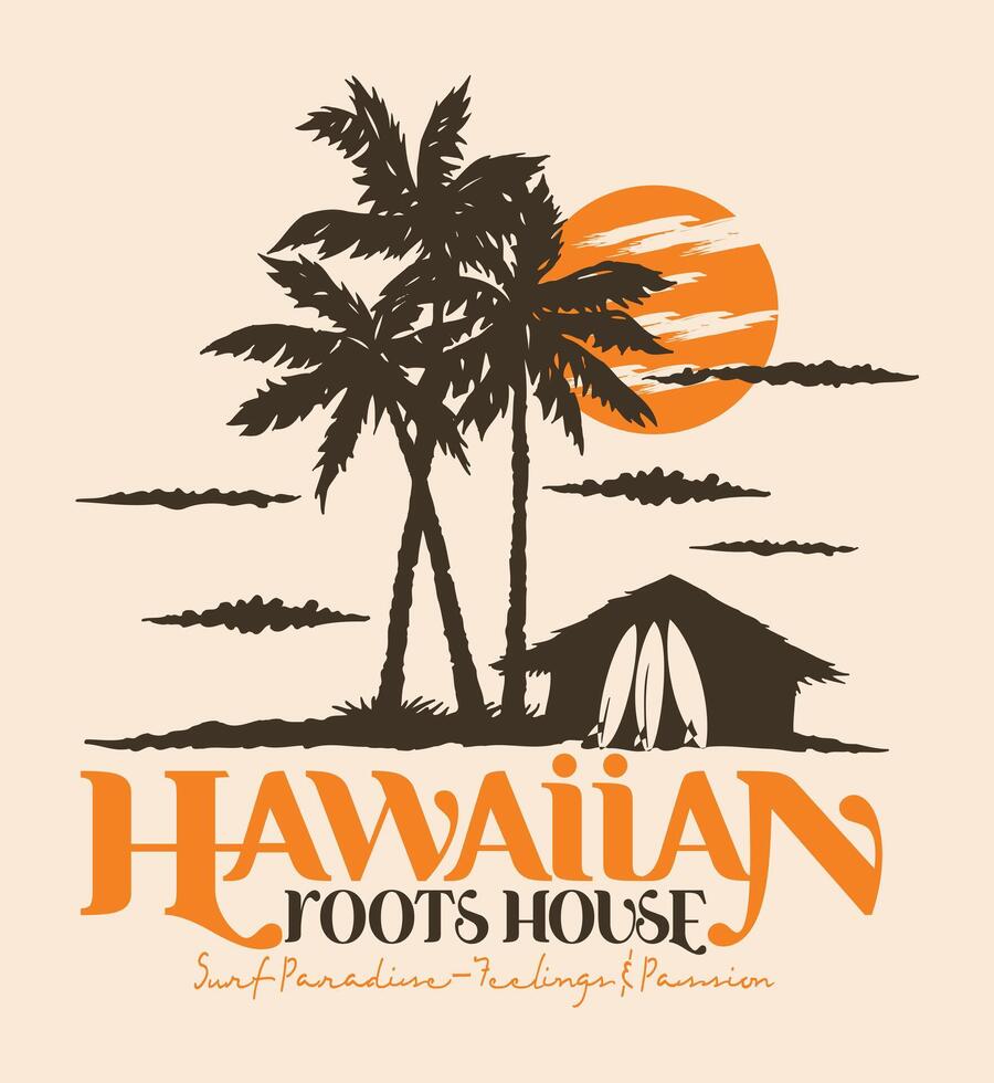 Graphic style illustration of a beach landscape with a reference to Hawaii, USA. vector