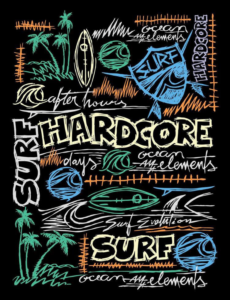 Illustration with free and uncluttered lines of elements related to surf culture. Art in scribbled lines. vector