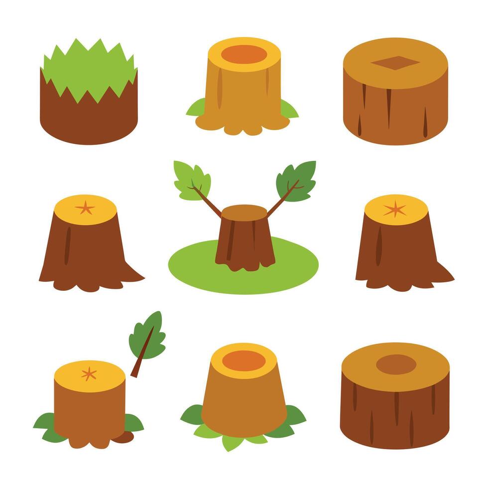 Set of black outline Stump icon . Tree Stub illustration collection. Wood symbol on white background vector