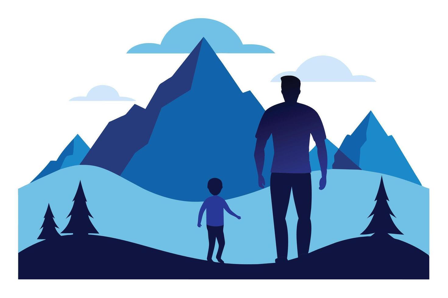 Happy father day with Silhouette son and his father at Mountain peaks in blue tone vector