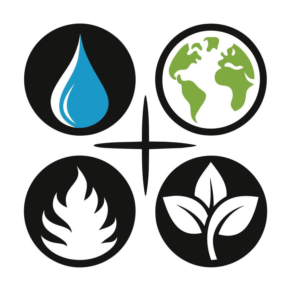 Set of elements of nature symbols earth, water, air and fire with simple water drop icon on white background vector