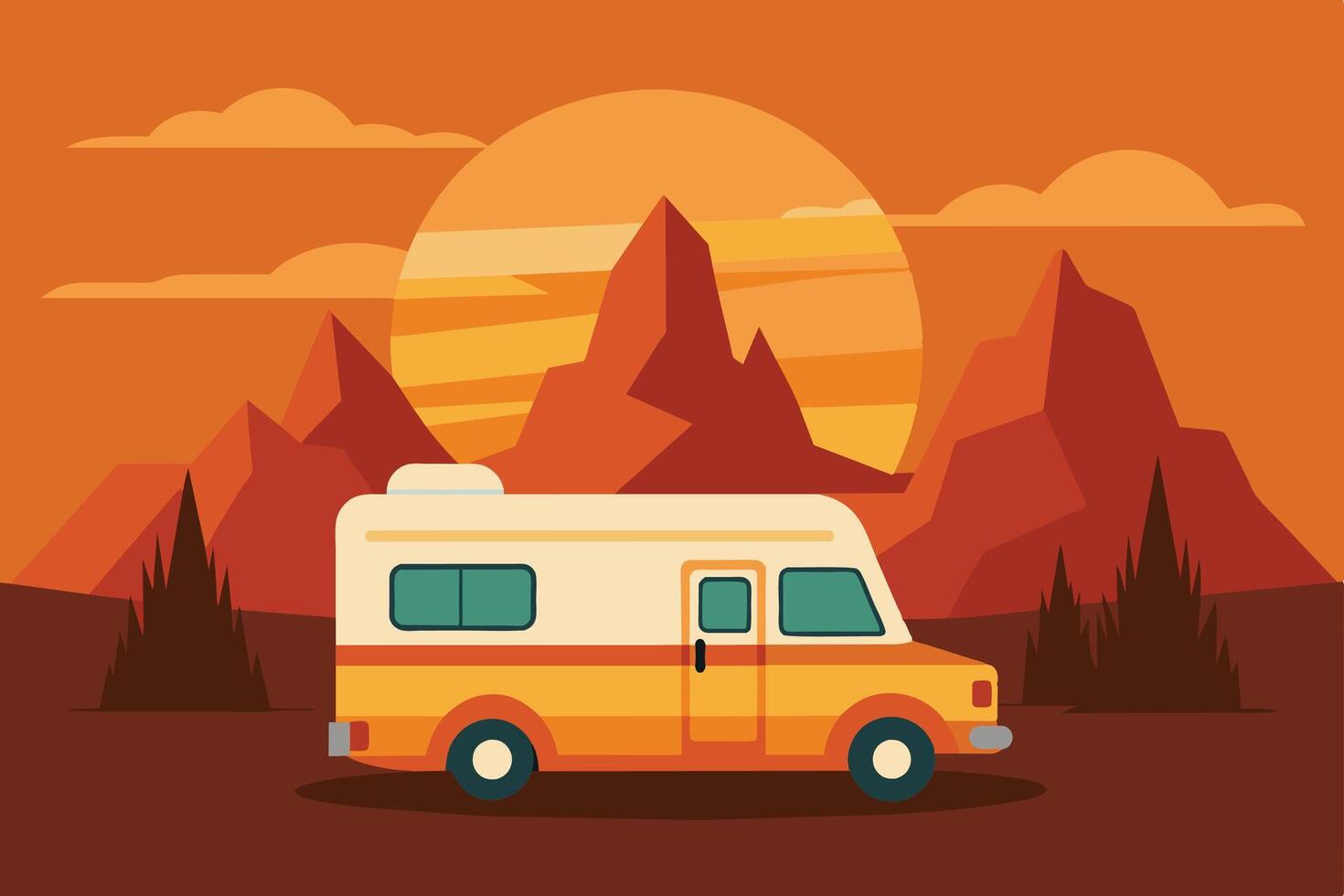 Camper van illustration with rocks and mountains. RV vehicle standing on rocks on the sunset. vector