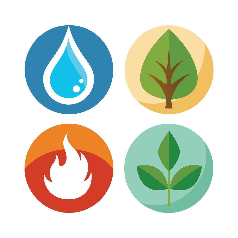 Set of elements of nature symbols earth, water, air and fire with simple water drop icon on white background vector