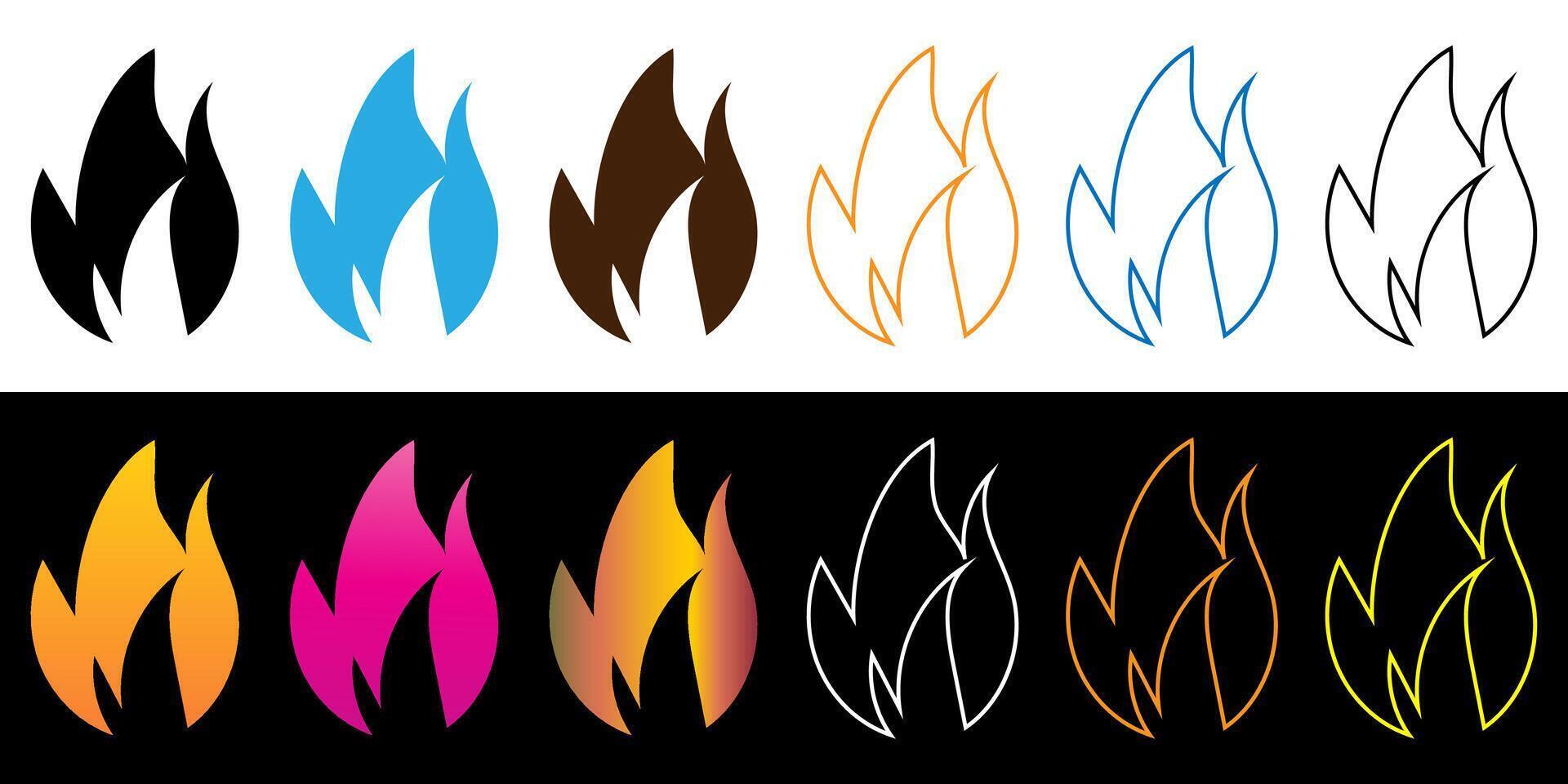 Flame icons symbolize different categories, flame silhouettes black firing symbols. vector