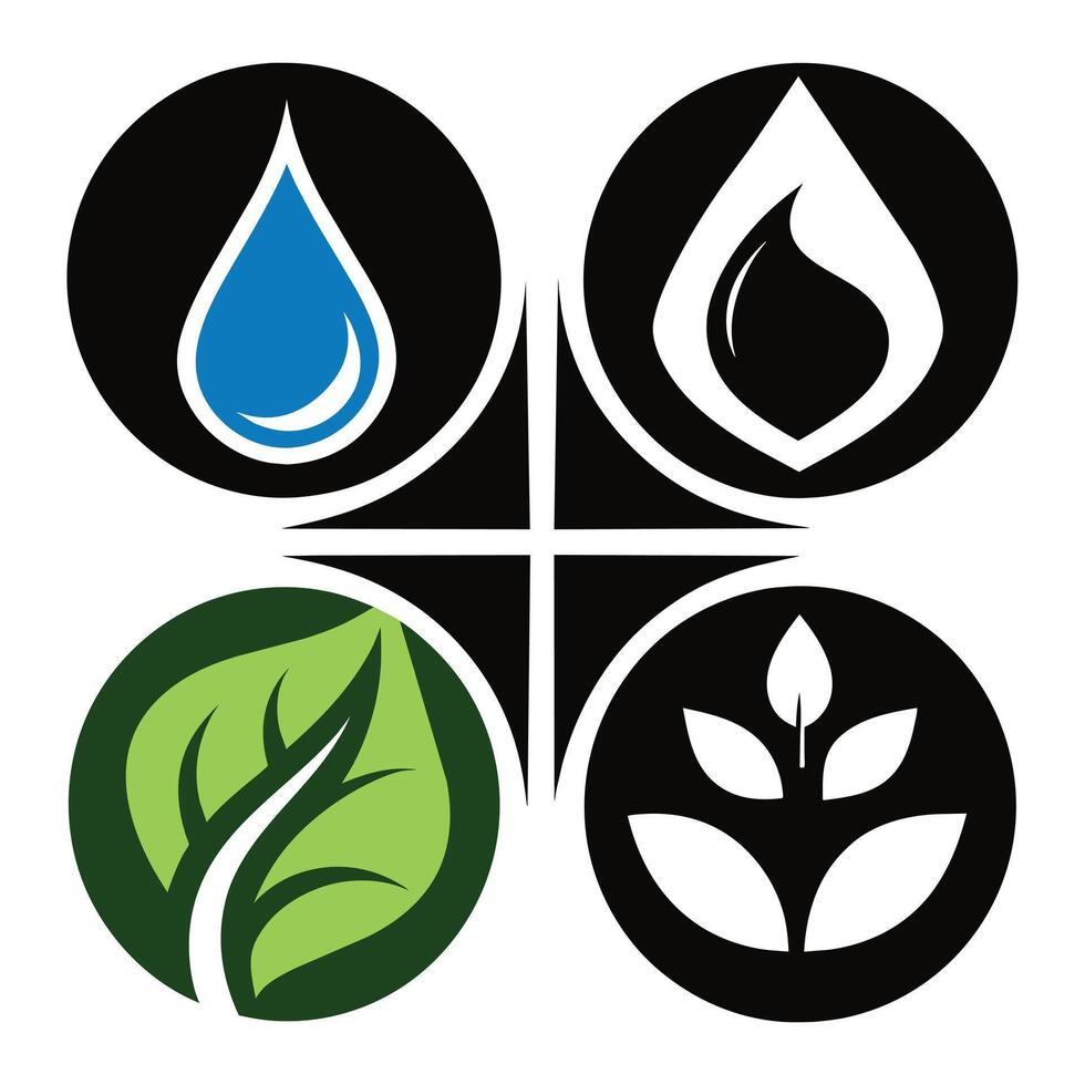 Set of elements of nature symbols earth, water, air and fire with simple water drop icon on white background vector