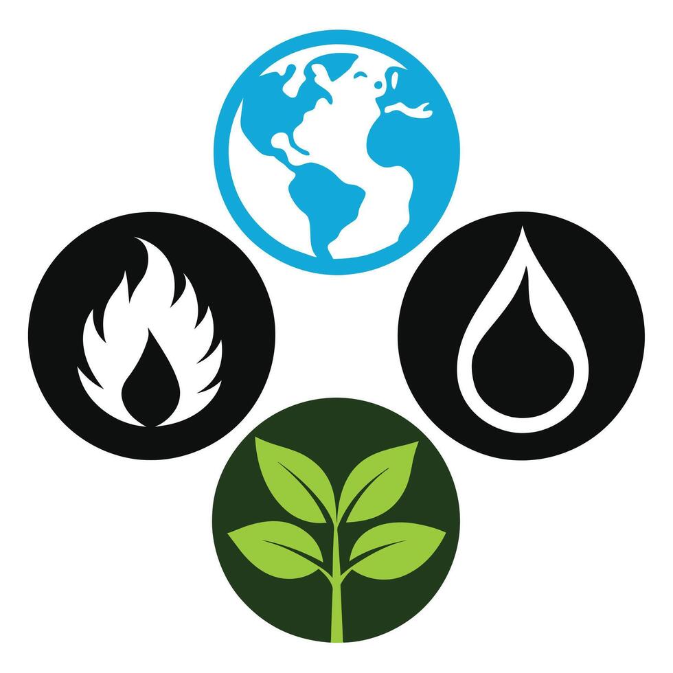 Set of elements of nature symbols earth, water, air and fire with simple water drop icon on white background vector