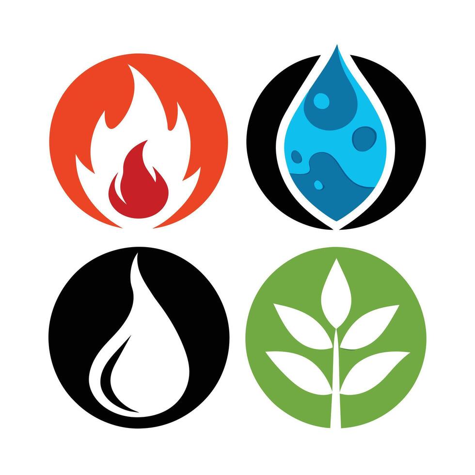Set of elements of nature symbols earth, water, air and fire with simple water drop icon on white background vector