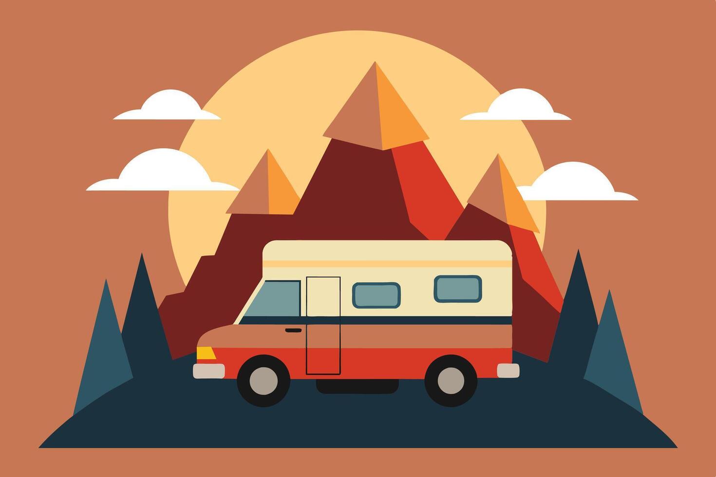 Camper van illustration with rocks and mountains. RV vehicle standing on rocks on the sunset. vector