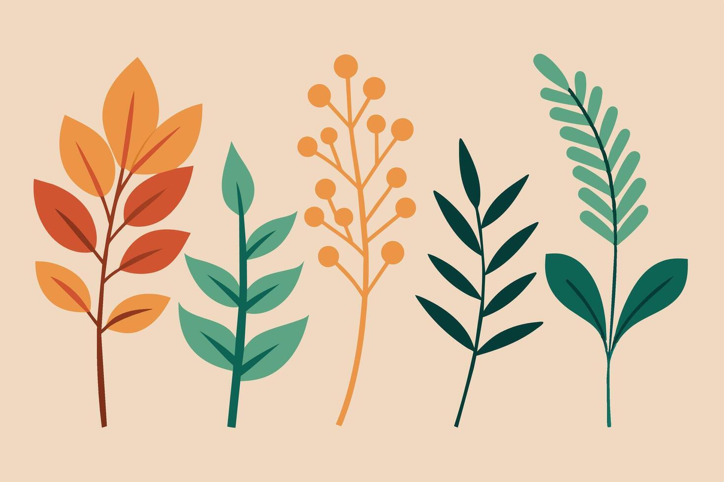 Set of boho black Abstract Hand Drawn Plant Twig with Leaves Botanical Illustration on white background vector