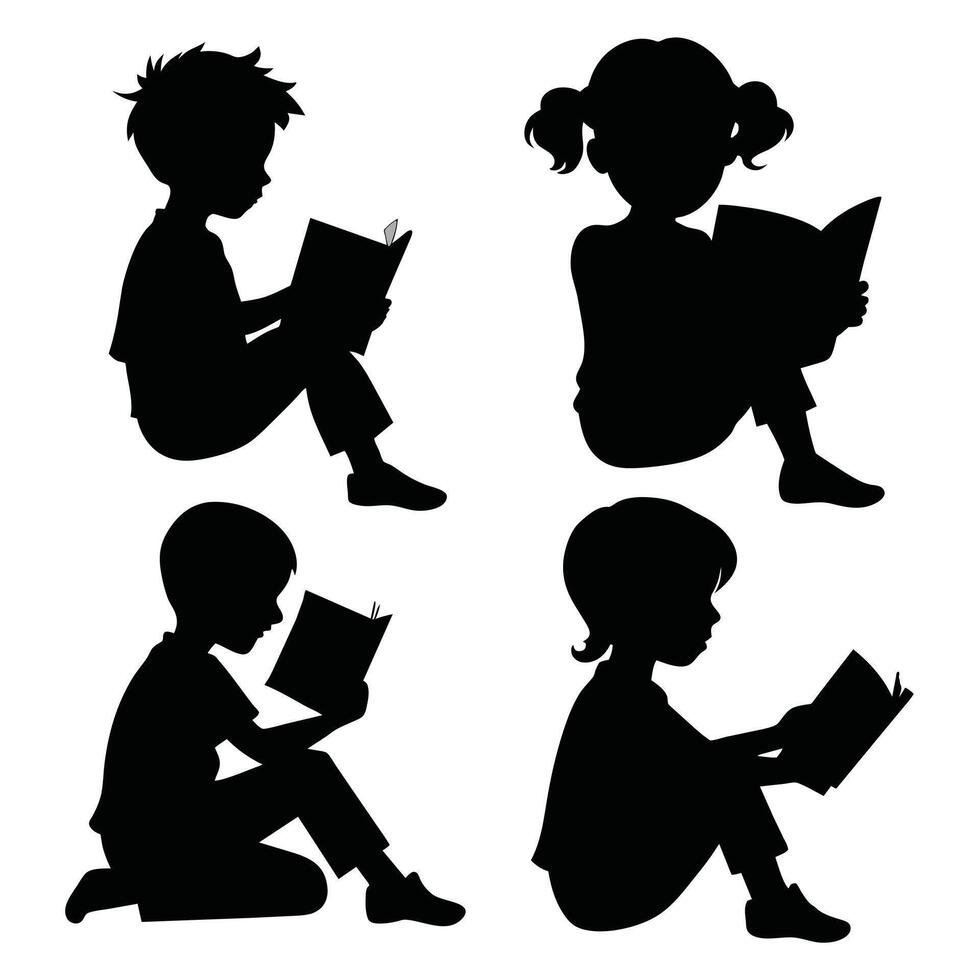 Set of child Reads a book silhouette on white background vector