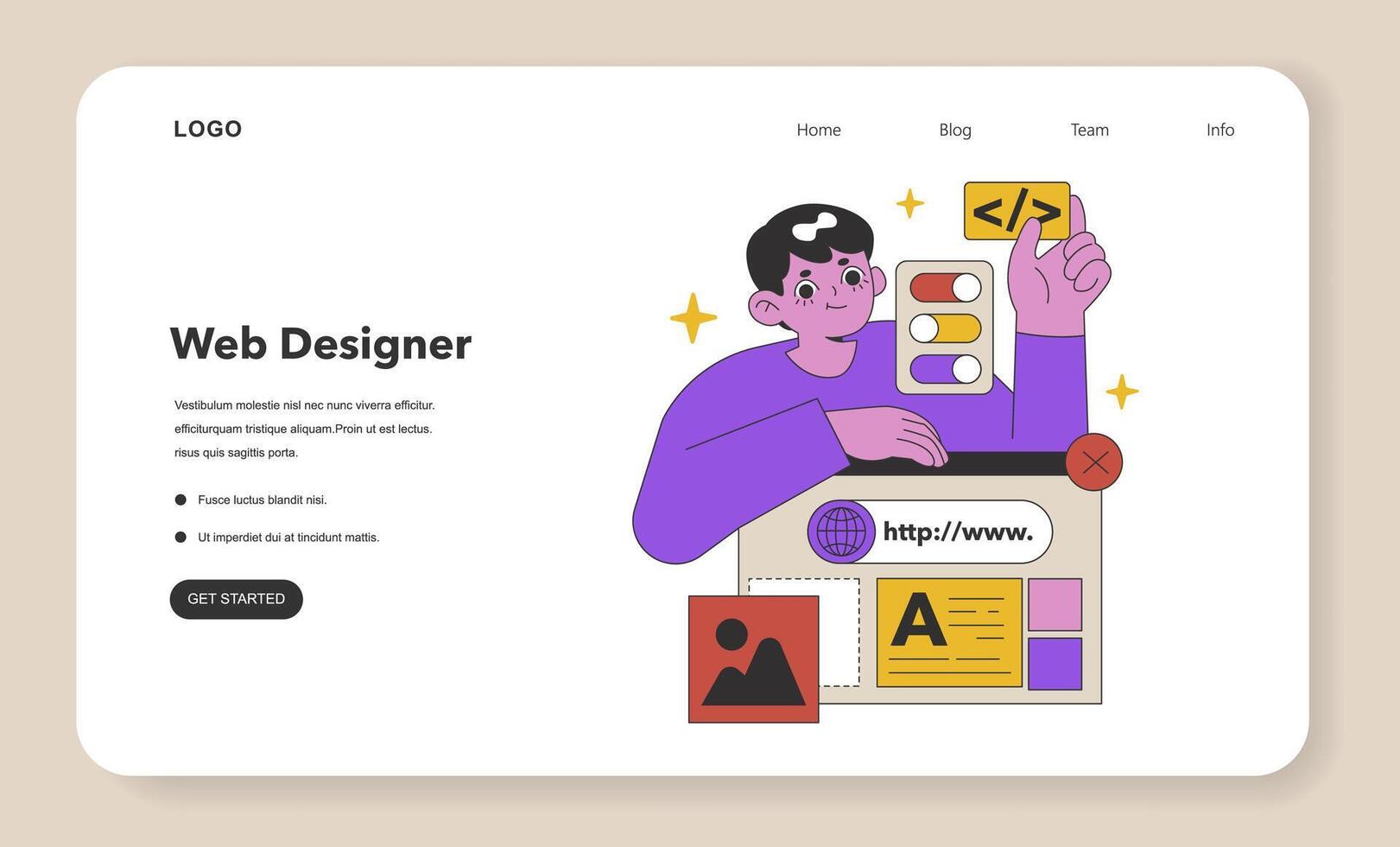 Dedicated Web Designer Crafting Sites. Flat illustration vector