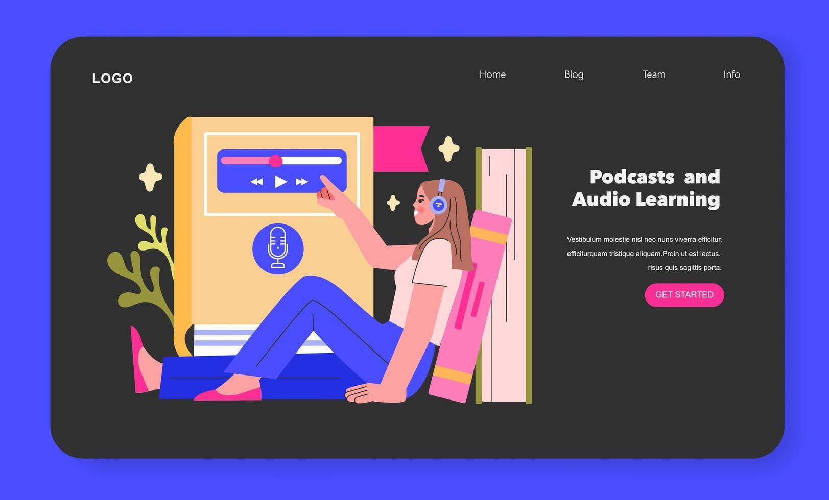 Podcasts and Audio Learning concept A learner tunes into an educational podcast, combining leisure with learning through audio platforms illustration vector