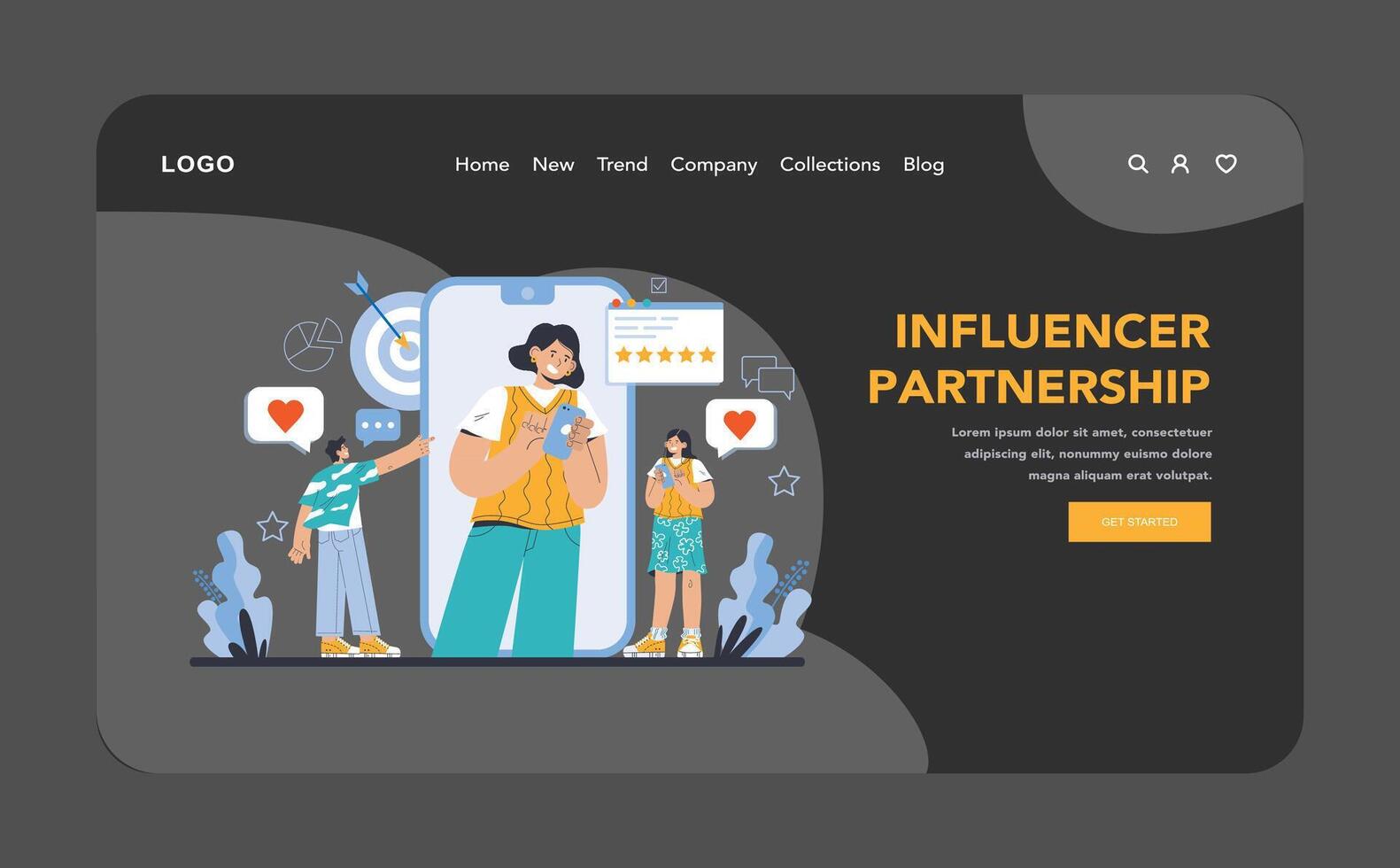 Reputation management dark or night mode web or landing. Relationship vector