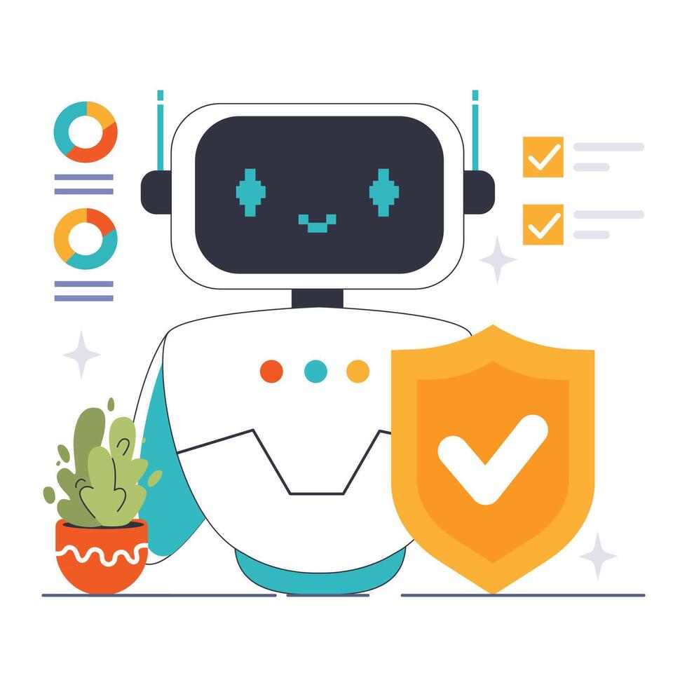 Security Chat Bot concept. Digital guardian bot on desktop with protective vector