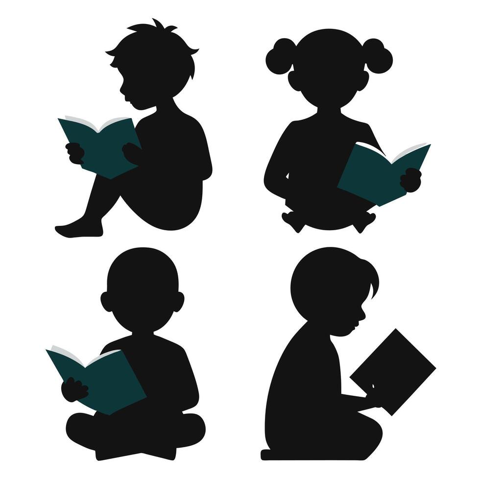 Set of child Reads a book silhouette on white background vector