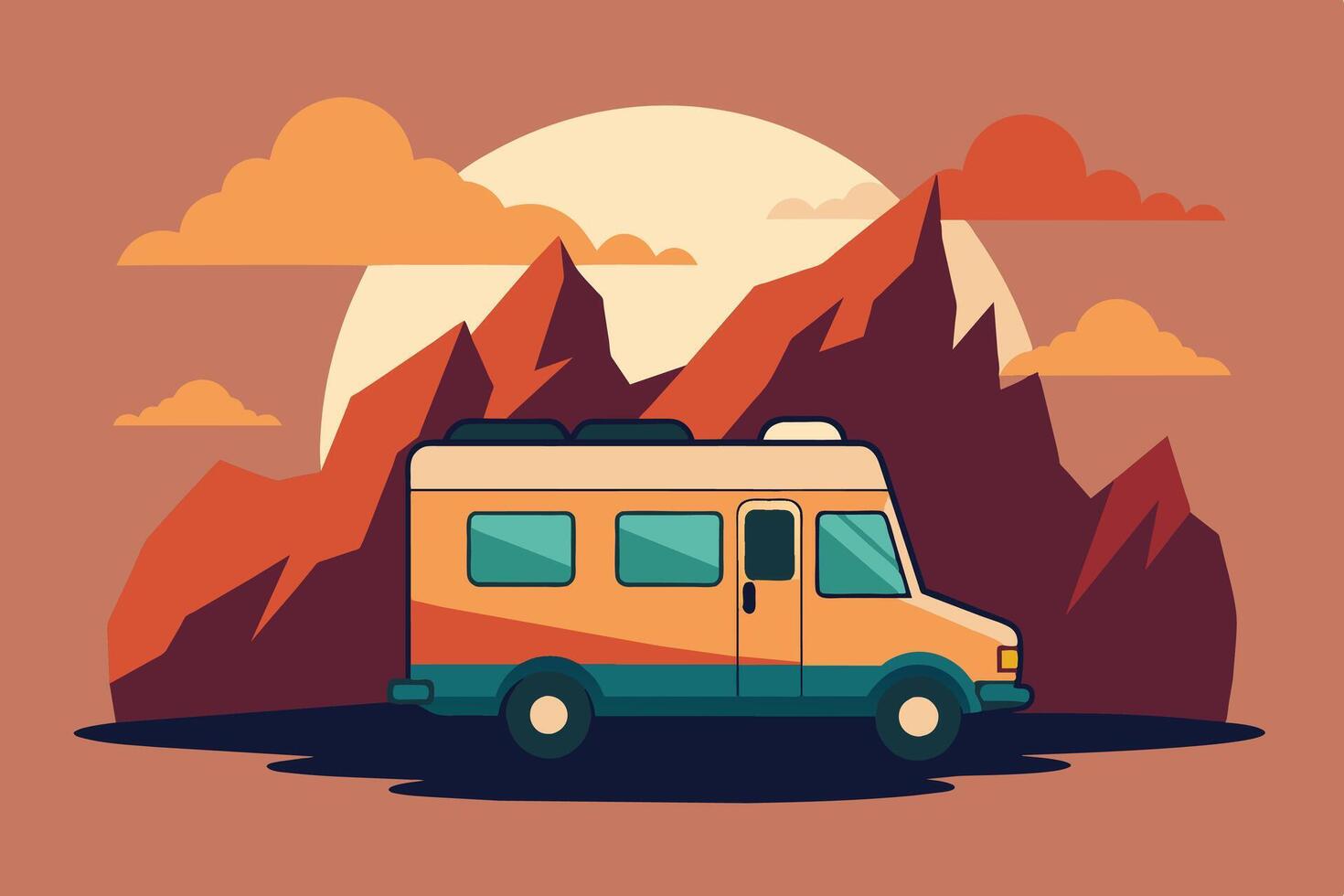 Camper van illustration with rocks and mountains. RV vehicle standing on rocks on the sunset. vector