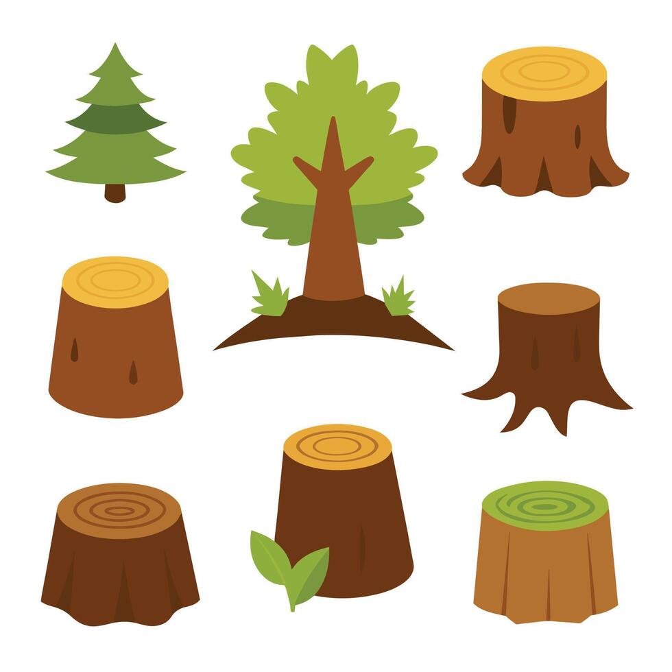 Set of black outline Stump icon . Tree Stub illustration collection. Wood symbol on white background vector
