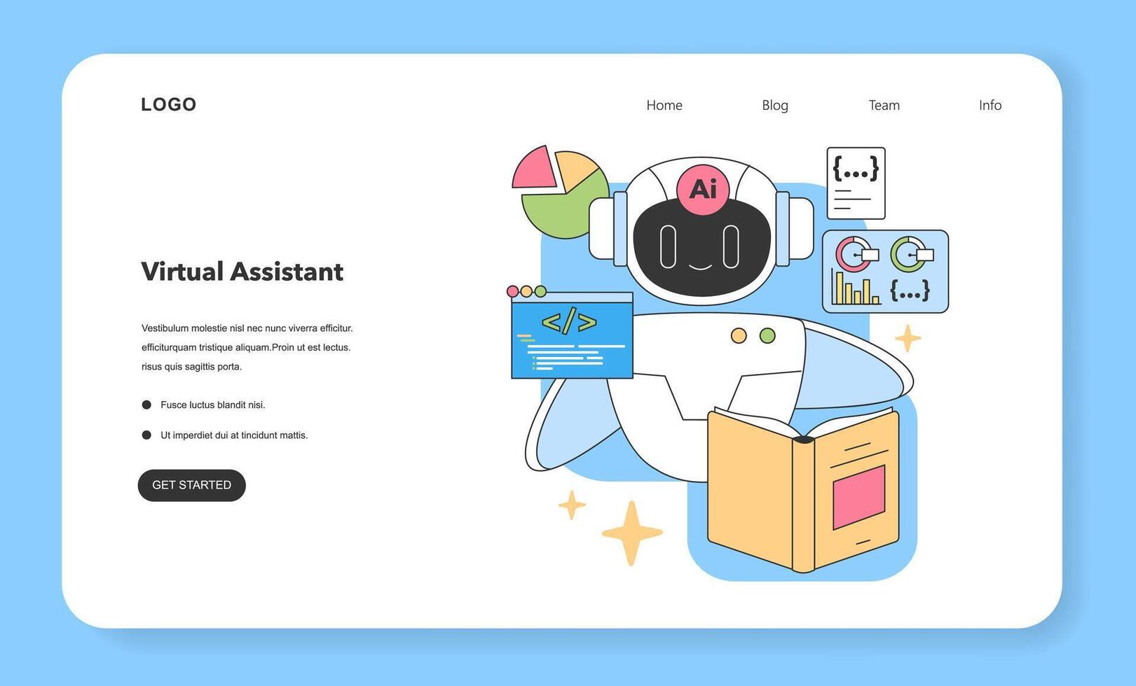AI-powered virtual assistant analyses data and codes. Flat illustration. vector