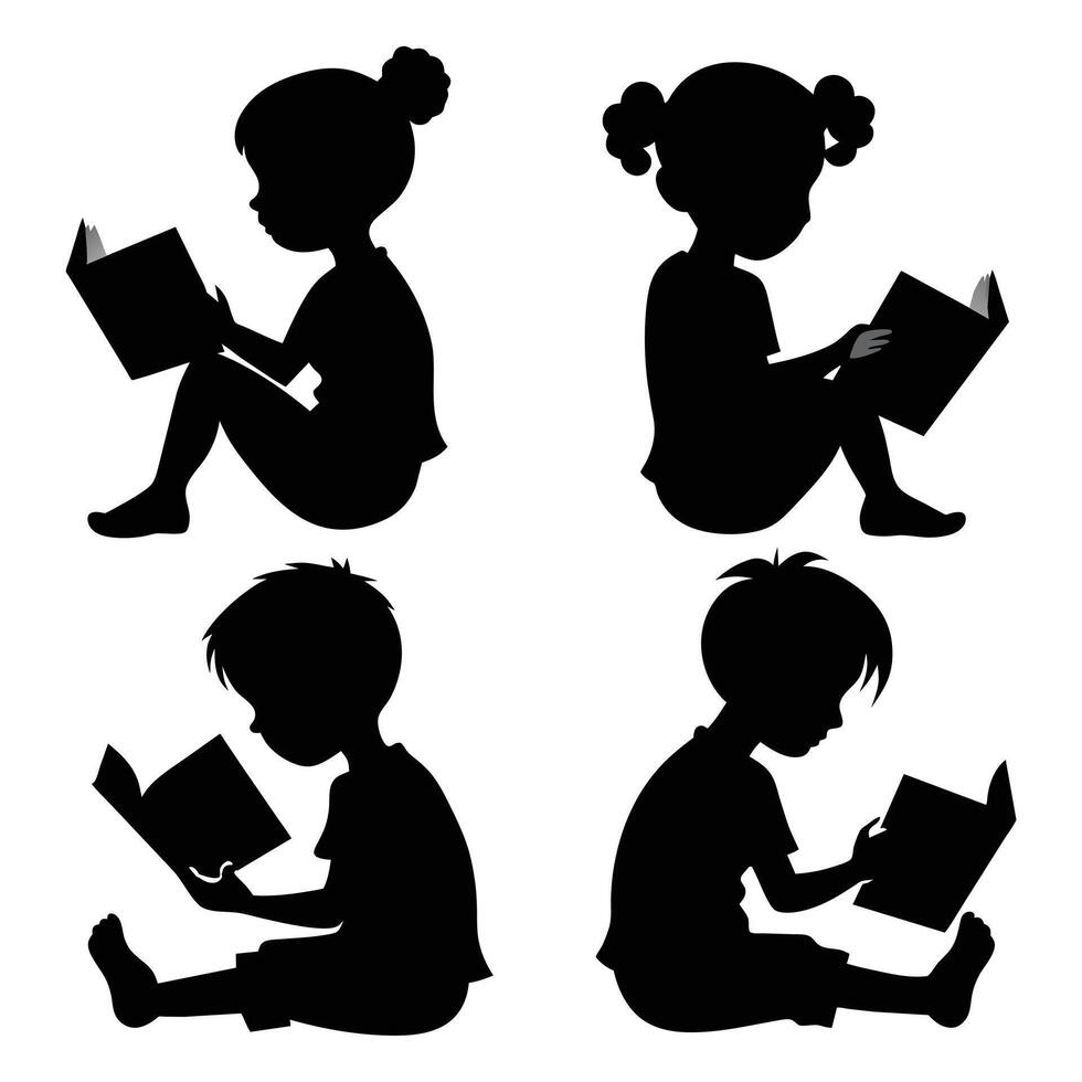 Set of child Reads a book silhouette on white background vector