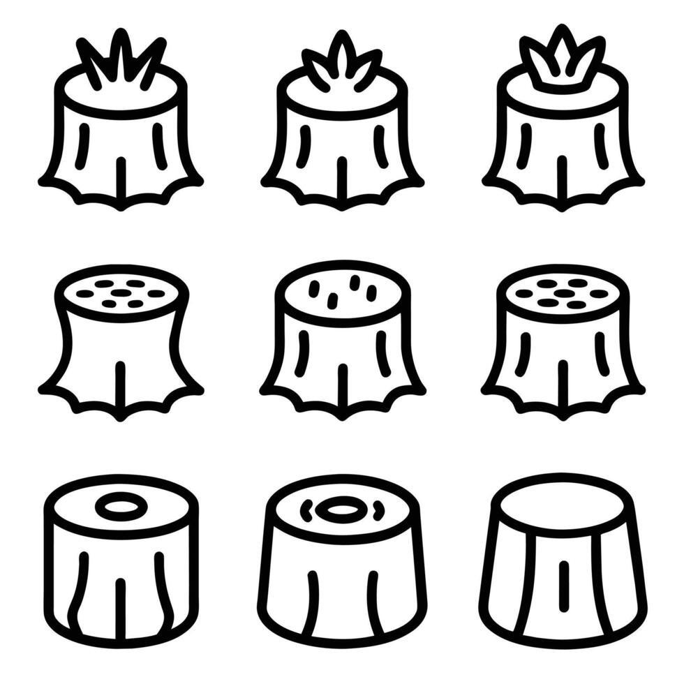 Set of black outline Stump icon . Tree Stub illustration collection. Wood symbol on white background vector