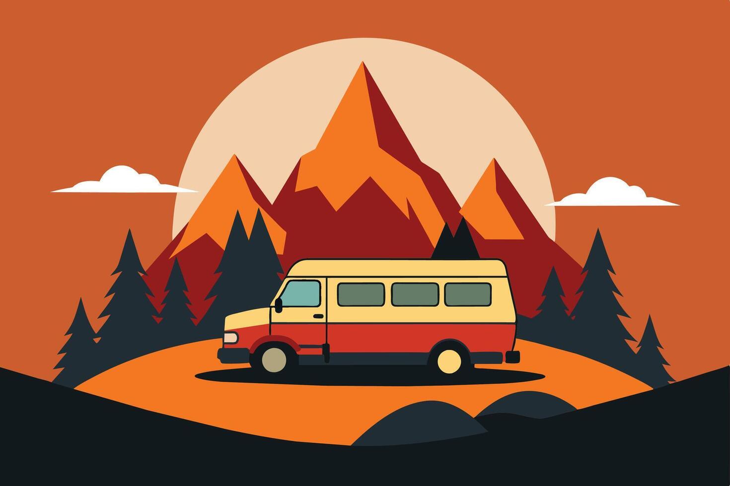 Camper van illustration with rocks and mountains. RV vehicle standing on rocks on the sunset. vector