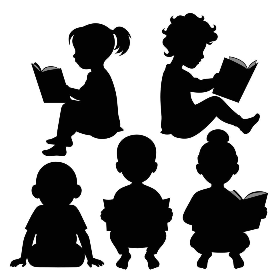 Set of child Reads a book silhouette on white background vector