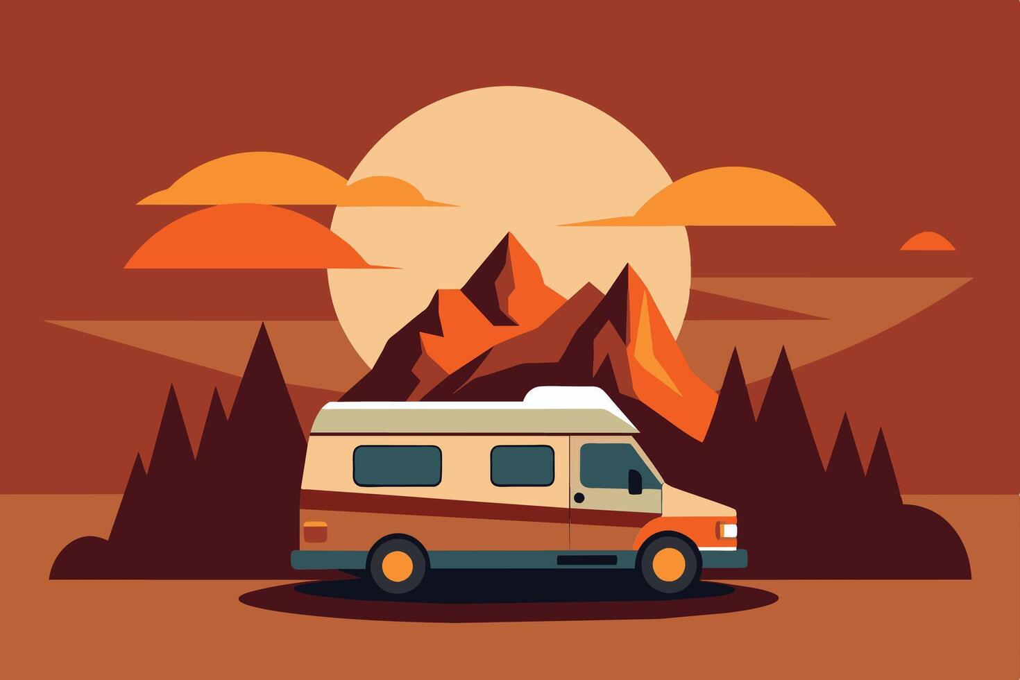 Camper van illustration with rocks and mountains. RV vehicle standing on rocks on the sunset. vector