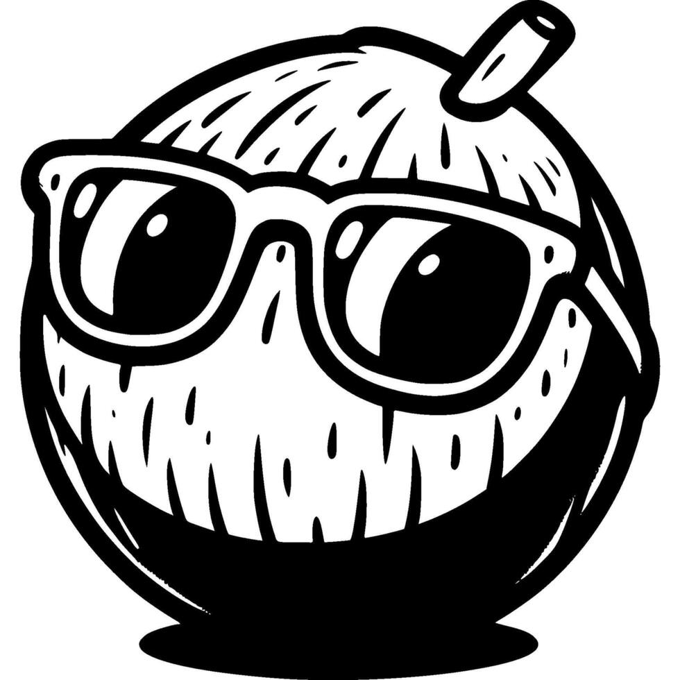 Tropical coconut in sunglasses in monochrome. fashionable fruit character in glasses. Simple minimalistic in black ink drawing on white background vector