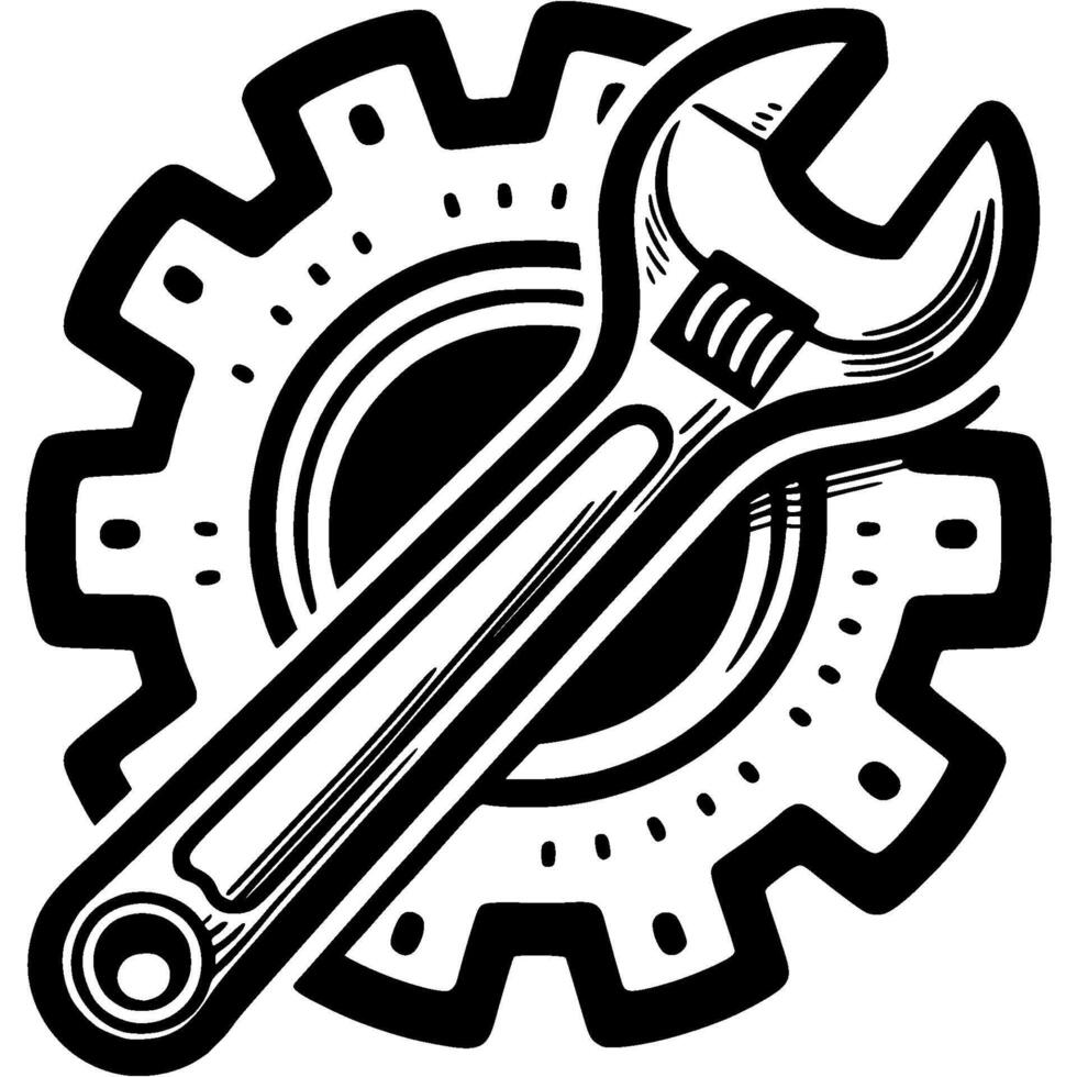 Wrench installs gear in monochrome. Gear and wrench set. Simple minimalistic in black ink drawing on white background vector