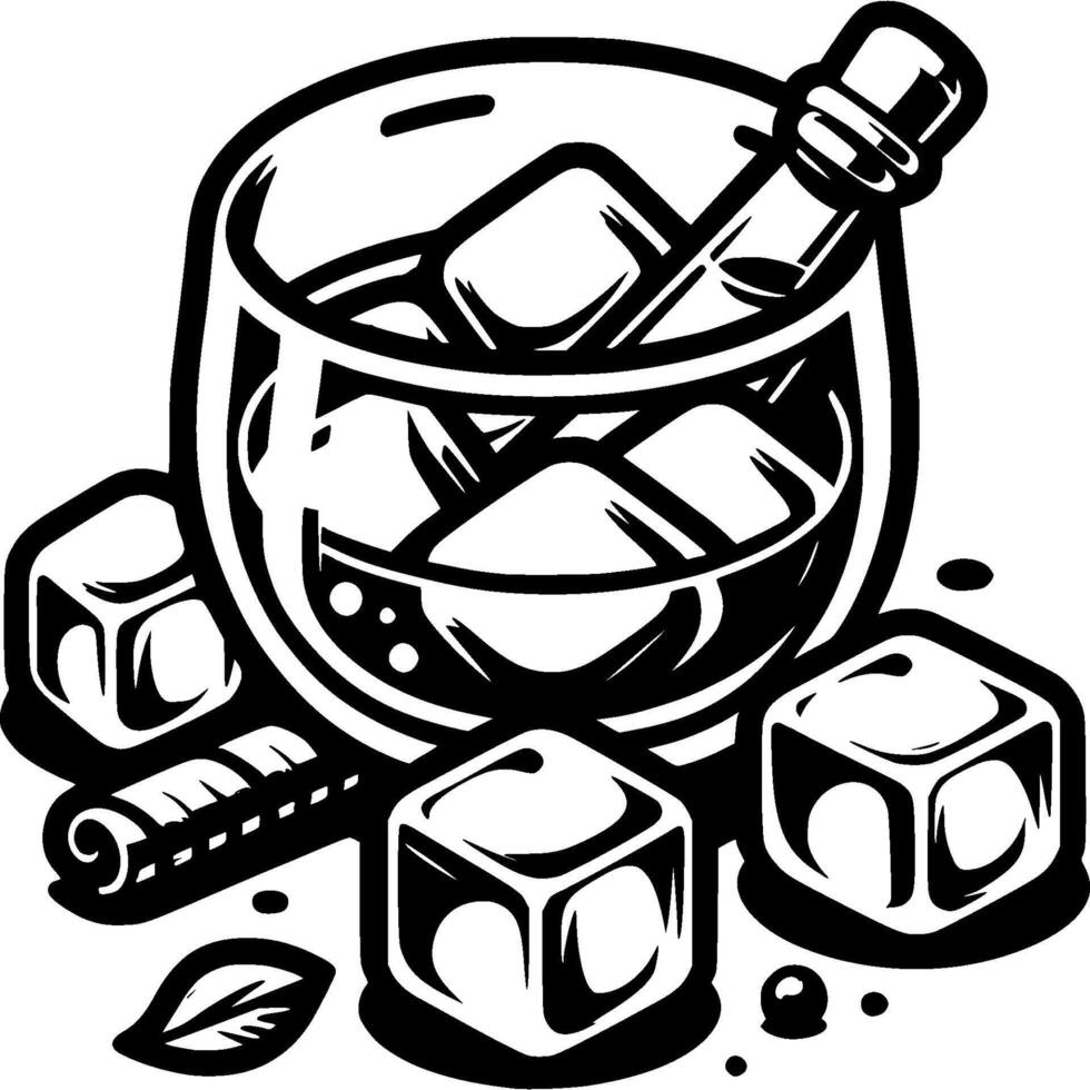Rum in glass with ice in monochrome. Expensive brandy and ice. Simple minimalistic in black ink drawing on white background vector